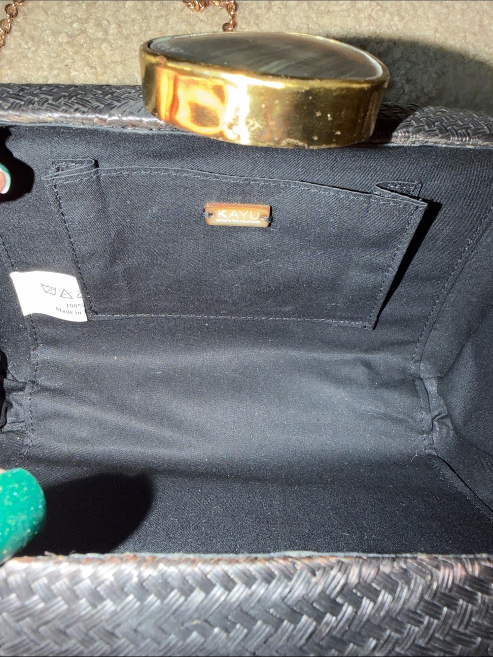 Kayu Woven Black Evening Clutch with Gold Chain Strap - Picture 6 of 7